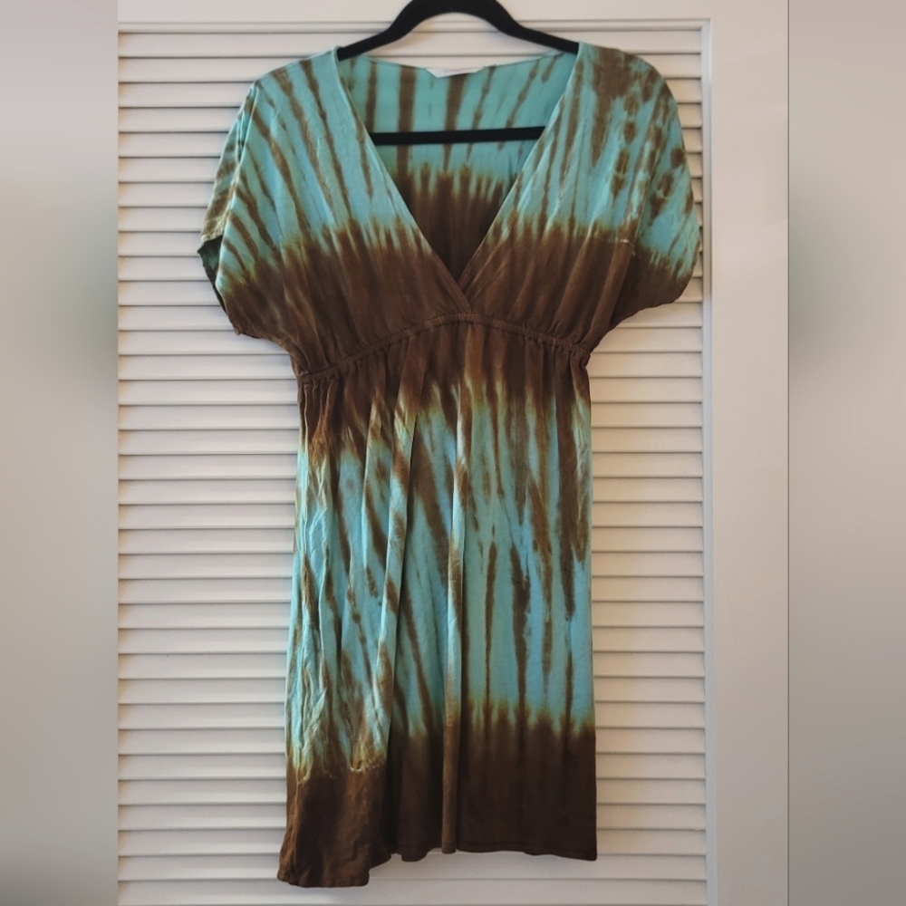 Vlvwatv - Turquoise & Brown Tie-Dye Short-Sleeve Dress